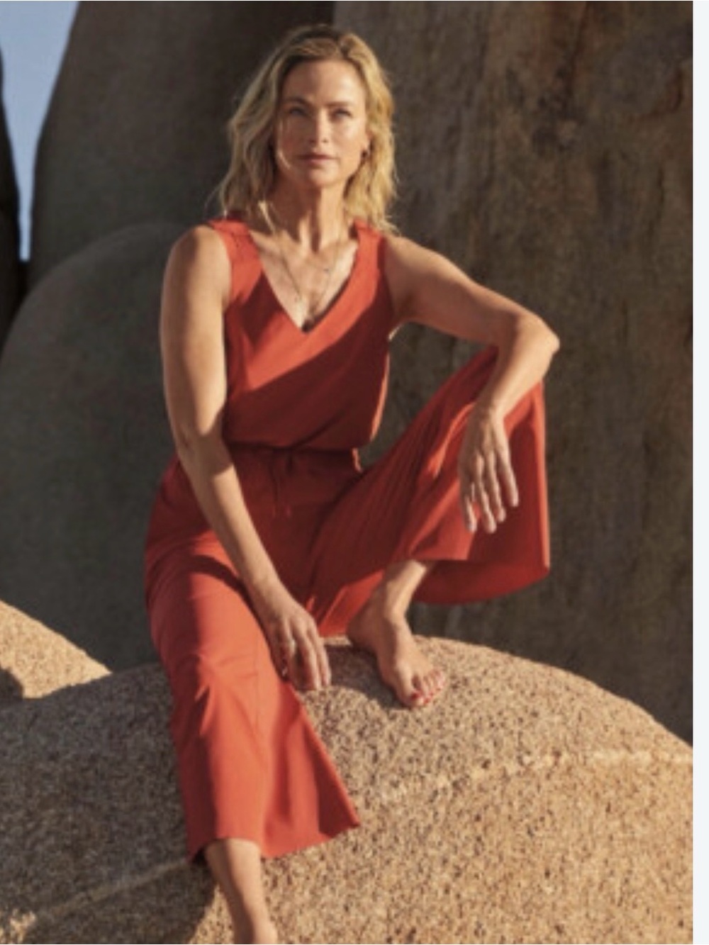 Vince Camuto Sleeveless V-Neck Wide-Leg Jumpsuit in Terracotta Red-Orange